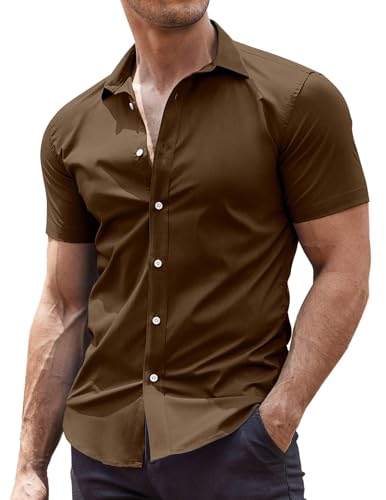 COOFANDY Herren Hemd Kurzarm Sommerhemd Herrenhemd Bügelfrei Businesshemd Freizeithemden Kurzarmhemd Faltenfrei Formales Hemd Smoking Hemd Regular Fit Braun XS von COOFANDY