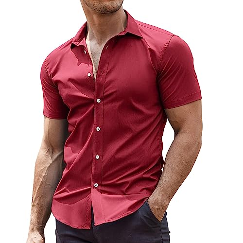 COOFANDY Herren Hemd Kurzarm Sommerhemd Herrenhemden Bügelleichte Businesshemd Freizeithemd Stretch Kurzarmhemd Anzug Hemd Männer Arbeitshemd Weinrot XL von COOFANDY