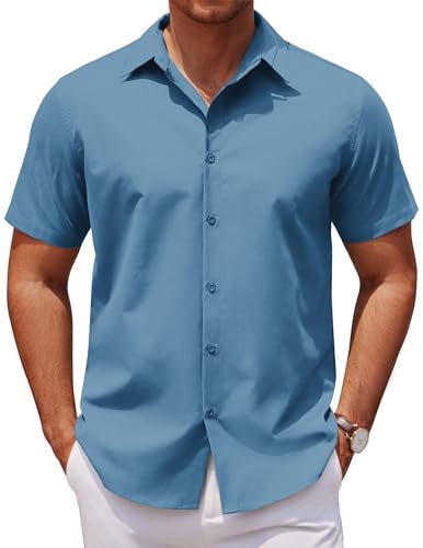 COOFANDY Herren Hemd Kurzarm Sommerhemd Business Hemd Regular Fit Einfarbig Freizeithemd Formales Casual Arbeitshemd Hochzeitshemd Grau Blau XXL von COOFANDY