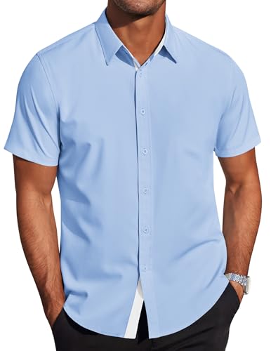COOFANDY Herren Hemd Kurzarm Sommerhemd Kurzarmhemd Strandhemd Regular Fit Freizeithemden Businesshemd Button Down Stretch Hemd Basic Shirts Hellblau L von COOFANDY