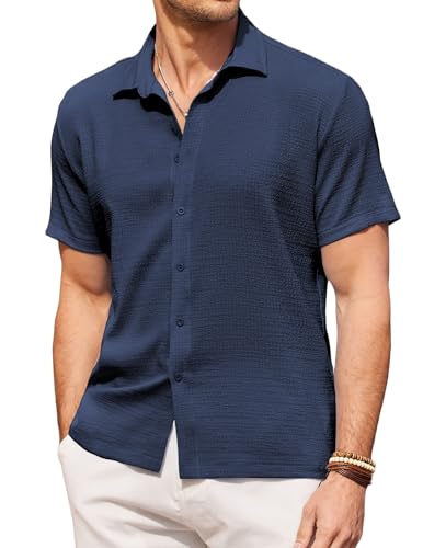 COOFANDY Herren Hemd Kurzarm Sommerhemd Strandhemd Herrenhemd Freizeit Beach Hemd Casual Basic-Shirt Urlaubshemd Seesucker-Optik Urlaub Shirts Urlaub Navy blau XL von COOFANDY