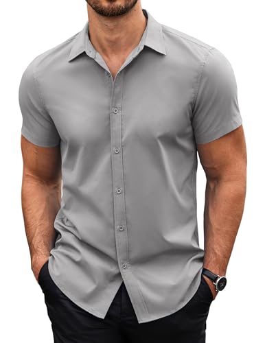 COOFANDY Herren Hemd Kurzarm Sommerhemden Button down Hemd Einfarbig Businesshemd Kurzarmhemd Bügelfrei Kurzarm Hemd Casual Regular Fit Shirt Grau M von COOFANDY
