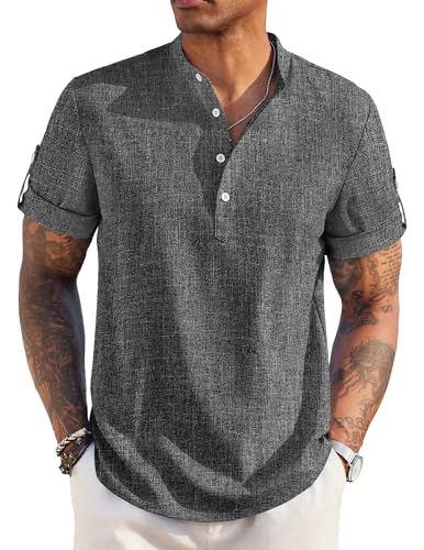 COOFANDY Herren Hemd Kurzarm mit Stehkragen Männer Henley Shirt Freizeithemden Sommerhemd Dunkelgrau L von COOFANDY