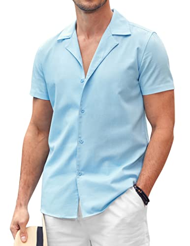 COOFANDY Herren Hemd Kurzarm Urlaub Sommer Hawaii Hemd Freizeithemden Businesshemd Casual Outdoor Leinenshirt Für Männer Hellblau L von COOFANDY