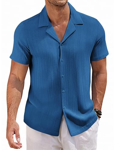 COOFANDY Hemd Herren Kurzarm Sommer Freizeithemd Kuban Kragen Männer Kurzarmhemd Gestreiftes Haiwaiihemd Guayabera Shirt Blau S von COOFANDY