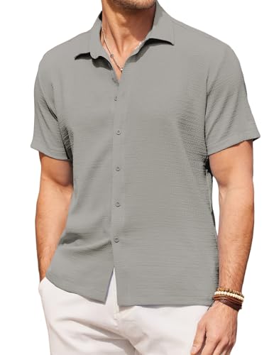 COOFANDY Herren Hemd Kurzarmhemd Sommerhemd Herren Kurzarm Herrenhemd Strand Hemd Freizeithemd Basic-Shirt Urlaub Hemd Button Down Regular Fit Faltenfrei Hellgrau L von COOFANDY