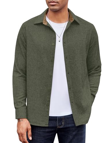 COOFANDY Herren Cord Hemd Langarm Baumwolle Warm Casual Freizeithemden Button Down Hemdjacke Armeegrün M von COOFANDY