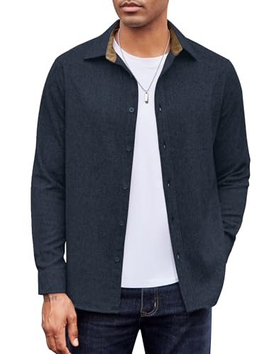 COOFANDY Herren Cord Hemd Langarm Baumwolle Warm Casual Freizeithemden Button Down Hemdjacke Navy Blau XXL von COOFANDY