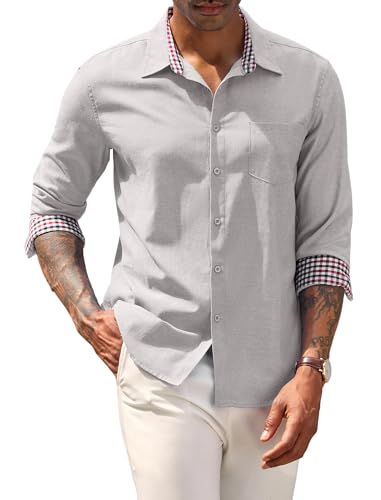 COOFANDY Herren Hemd Langarm Baumwolle Oxford Hemd Slim Fit Büro Hemd Businesshemd Oxford Button down Hemd Faltenfrei Freizeithemd Karierter Kragen Hellgrau S von COOFANDY