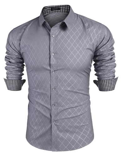 COOFANDY Herren Hemd Langarm Businesshemd Baumwolle Regular Fit Freizeithemd Mens Shirts Grau 5XL von COOFANDY