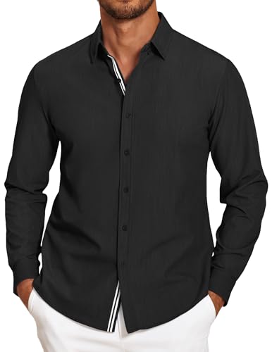 COOFANDY Herren Hemd Langarm Button Down Hemden für Männer Stretch Casual Herrenhemden Regular Fit Freizeithemden Schwarz XXL von COOFANDY