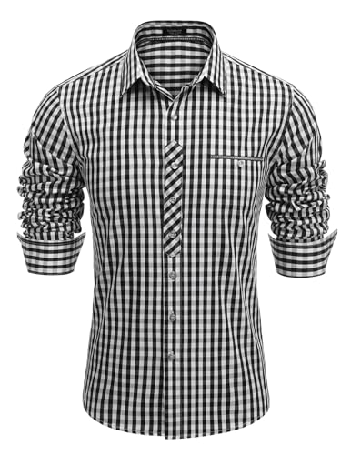 COOFANDY Herren Hemd Langarm Kariert Freizeithemd Karohemden Oktoberfest Trachtenhemd Herrenhemden Plaid Shirt Baumwolle mit Kent-Kragen Regular Fit Arbeitshemd Schwarz XL von COOFANDY