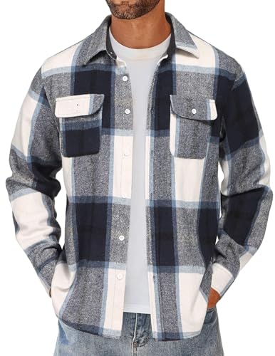 COOFANDY Herren Hemd Langarm Kariertes Freizeithemd Männer Karohemd Flanellhemd Basic Motorrad Hemd mit Tasche Casual Shirt Plaid-Marineblau Beige 4XL von COOFANDY