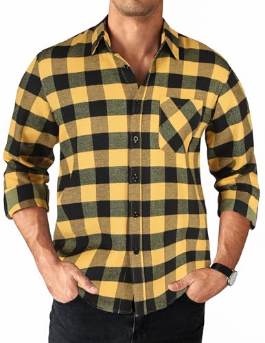 COOFANDY Herren Hemd Langarm Kariertes Hemd Freizeithemden für Herren Karohemd Langarmhemd Button Down Hemd mit Brusttasche Gelb Schwarz Karo XXL von COOFANDY