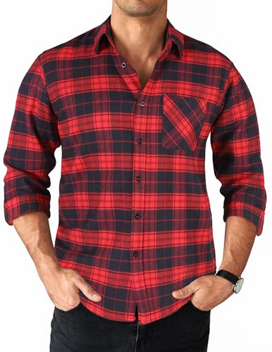 COOFANDY Herren Hemd Langarm Kariertes Hemd Freizeithemden für Herren Karohemd Langarmhemd Button Down Hemd mit Brusttasche Rot Schwarz Karo XXL von COOFANDY