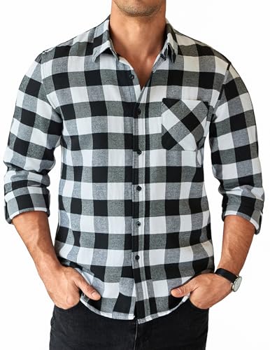 COOFANDY Herren Hemd Langarm Kariertes Hemd Freizeithemden für Herren Karohemd Langarmhemd Button Down Hemd mit Brusttasche Schwarz Weiß Karo XXL von COOFANDY