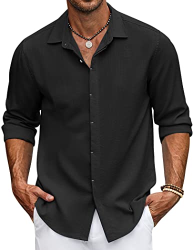 COOFANDY Hemd Herren Langarm Leinenhemd Sommerhemd Business Sommer Strand Freizeithemden für Herren Hemd Button Down Modische Hemd Schwarz XL von COOFANDY