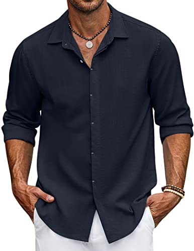 COOFANDY Herren Hemd Langarm Leinenhemd Langarmshirt Freizeithemden für Herren Casual Regular Fit Shirt Leicht Strand-Shirt Persisches Blau XL von COOFANDY