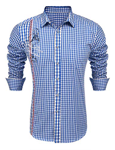 COOFANDY Herren Hemd Langarm Oktoberfest Flanellhemd Regular Fit Karo Freizeithemd Blau XXXL von COOFANDY