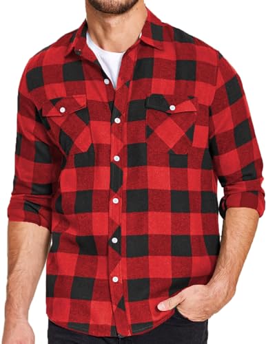 COOFANDY Flanellhemd Herren Langarm Shirt Casual Kariert Bürohemd Baumwolle Holzfällerhemd Button Down Shirt Regular Fit Holzfällerhemd Thermohemd Holzfällerhemd Rot und Schwarz L von COOFANDY