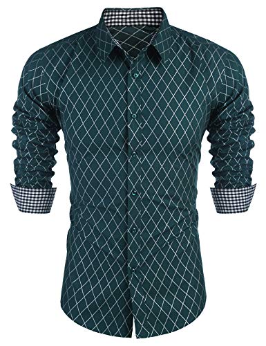 COOFANDY Herren Hemd Langarm Regular Fit Business Hemd Freizeithemd Diamant Muster Anzug Hemd Partyhemd Männer Langarmhemd Grün M von COOFANDY