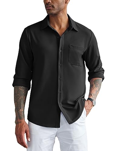 COOFANDY Herren Hemd Langarm Regular Fit elastisches Freizeithemd Männer Hemden mit Brusttasche Herrenhemd Kent-Kragen Shirt Schwarz XL von COOFANDY