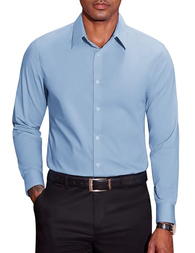 COOFANDY Herren Hemd Langarm Stretch Baumwolle Bügelleichtes Businesshemden Unifarben Regular Fit Freizeithemden Männer Anzug Hemden Hellblau L von COOFANDY