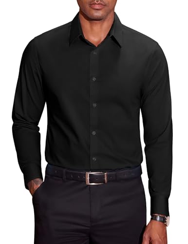 COOFANDY Herren Hemd Langarm Stretch Baumwolle Bügelleichtes Businesshemden Unifarben Regular Fit Freizeithemden Männer Anzug Hemden Schwarz XXL von COOFANDY