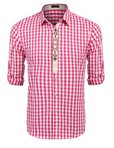 COOFANDY Herren Hemd Langarm Trachtenhemd Hemd Oktoberfest Herren Outfit Regular fit Karohemd Freizeithemden Herrenhemden Langarm Festhemd Rot 4XL von COOFANDY