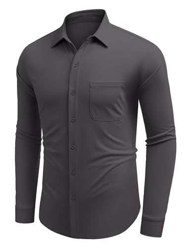 COOFANDY Herren Hemd Regular Fit Langarm Freizeithemd Bügelleicht Hemden mit Tasche Männer Business Hemd einfarbig Shirt Dunkelgrau S von COOFANDY