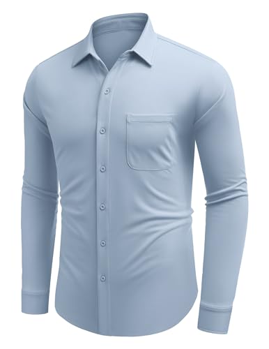 COOFANDY Herren Hemd Langarm einfarbig Freizeithemd Bügelfrei Herrenhemd Businesshemd Casual Regular Fit Shirt mit Tasche Clearblau L von COOFANDY