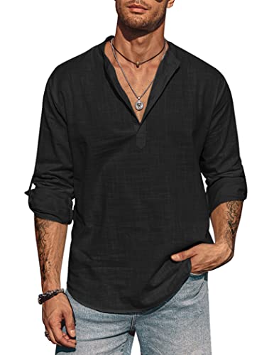 COOFANDY Herren Hemd Langarmshirt Leinenshirt aus Baumwolle Leinen Henley-Kragen Kurzen Kragen Regular Fit Freizeit Sommer Leinenhemd für Männer Schwarz XL von COOFANDY