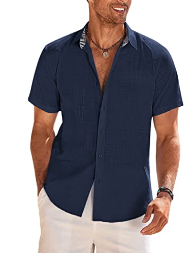 COOFANDY Herrenhemd Kurzarm Leinenhemd Casual Regular Fit Sommerhemd Strand Männer Kurzarm Hemden Mens Shirt Blau XL von COOFANDY