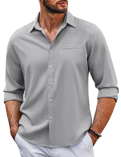 COOFANDY Herren Hemd Leinenhemd mit Brusttasche Langarmshirt Freizeithemden für Herren Strand-Shirt Einfarbig Basic Shirts Hellgrau XL von COOFANDY