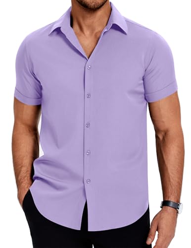 COOFANDY Herren Hemd Sommer Freizeithemd Fleckenschutz Casual Kurzarmhemden Leichtes Sommerhemd Kent Kragen Businesshemden Oberhemd Kurzarm Lila M von COOFANDY