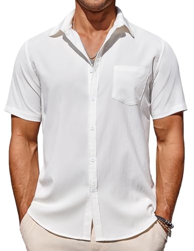 COOFANDY Hemd Herren Kurzarm Freizeithemd Sommer Hemd Casual Regular Fit Hemd Businesshemd Button Down Kurzarmhemd mit Brusttasche Weiß XL von COOFANDY