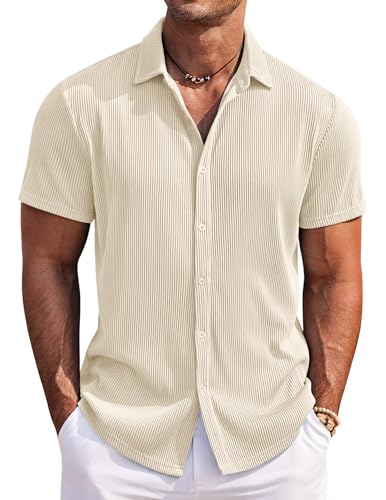 COOFANDY Herren Hemd Sommer Kurzarmhemd Regular Fit Leichtes Sommerhemd Bügelfrei Kurzarm Herrenhemd Button Down Casual Strandhemd Shirts Beige XL von COOFANDY