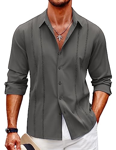 COOFANDY Herren Hemd Sommer Langarm Leinenhemd Slim Fit Strandhemd Freizeit bügelfrei Business Hemd Dunkelgrau L von COOFANDY