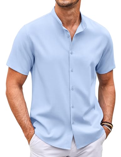 COOFANDY Herren Hemd Sommer Leinenhemd Kurzarm Freizeithemden Stehkragenhemd Regular Fit Hemden Ohne Kragen Kragenloses Leichtes Herrenhemden Hellblau XXL von COOFANDY