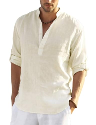 COOFANDY Herren Hemd Sommer Leinenhemd Langarm Henley Freizeithemd Regular Fit Leichtes Strand Leinen Shirts von COOFANDY