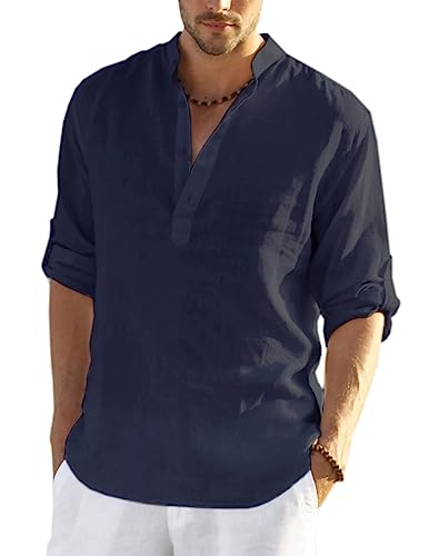 COOFANDY Herren Hemd Sommer Leinenhemd Langarm Henley Freizeithemd Regular Fit Leichtes Strand Leinen Shirts von COOFANDY