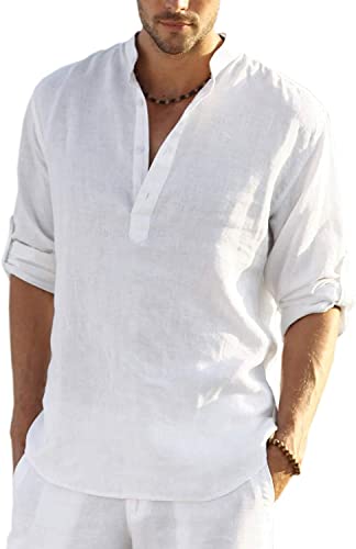 COOFANDY Herren Hemd Sommer Leinenhemd Langarm Henley Freizeithemd Regular Fit Leichtes Strand Leinen Shirts von COOFANDY