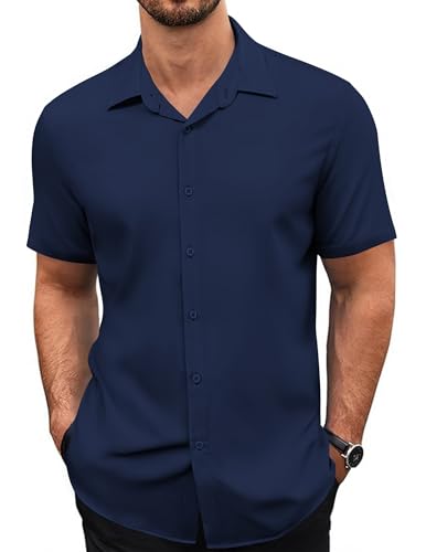 COOFANDY Herren Hemd Sommer Strandhemd Freizeithemden Button Down Männer Basic Lässige Strandshirt Einfarbig Dunkelblau XL von COOFANDY