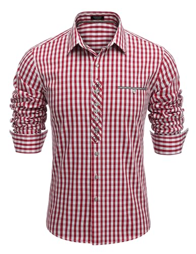 COOFANDY Herren Hemd Trachtenhemd Kariertes-Langarm-Hemd Oktoberfest Karohemden Kariert Freizeithemd Regular Fit Smoking Hemden Plaid Shirt Rot 3XL von COOFANDY