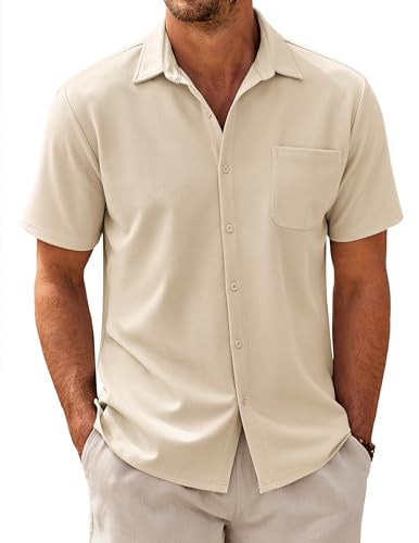 COOFANDY Herren Kurzarm Hemd Business Hemden mit Tasche Freizeithemd Casual Sommerhemd Fischgrätmuster Textured Shirts Creme Beige XXL von COOFANDY