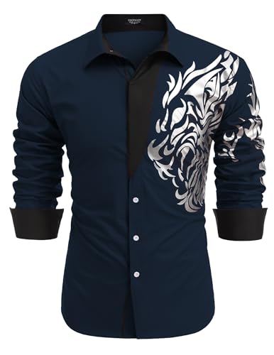 COOFANDY Herren-Hemd mit Aufdruck und Knopfleiste, modische Langarm-Freizeithemden Dunkel Blau XL von COOFANDY