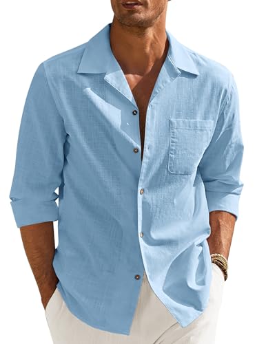 COOFANDY Herren Langarm Hemd Mit Kubanischem Kragen - Baumwolle Leinenhemd Regular Fit Casual Shirt Für Party, Strand, Hawaii - Freizeithemd Mit Brusttasche Hellblau M von COOFANDY