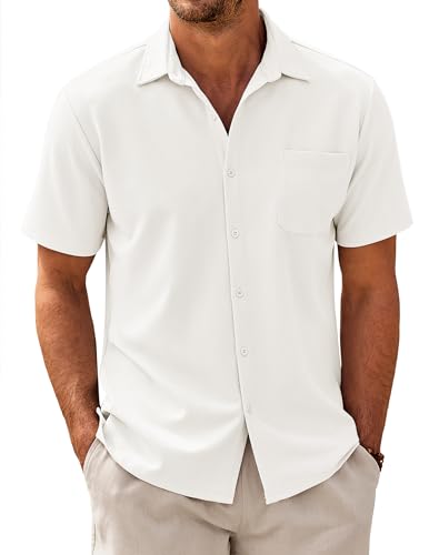 COOFANDY Herren Kurzarm Hemd Regular Fit Hemden mit Tasche Männer Freizeithemd Sommerhemd Casual Textured Shirt Arbeitshemd Weiß XL von COOFANDY