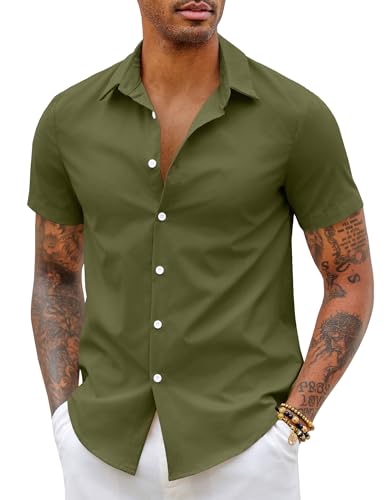 COOFANDY Herren Hemden Kurzarm Business Hemd Slim Fit Wrinkle Free Hemd Sommerhemd Freizeithemd Einfarbig Basic Shirt Oberteile Männer Modern Kurzarmhemd Armeegrün XXL von COOFANDY
