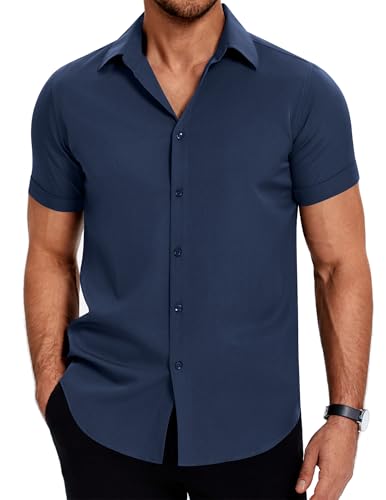 COOFANDY Herren Hemd Kurzarm Button Down Sommer Freizeithemden Regular Fit Kent Kragen Business Hemd Bügelfrei Stretch Herrenhemden Marineblau XXL von COOFANDY